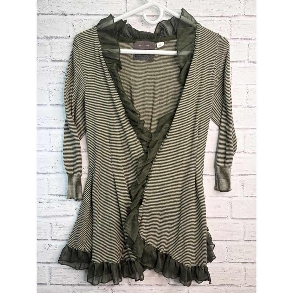 Guinevere Anthropologie Striped Ruffle Trim Open Front Cardigan Olive Green M